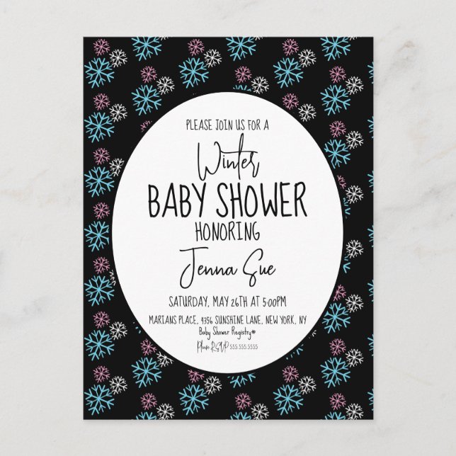 Vinter snöflingor Rosa Blå Baby Shower Svart  Vykort (Framsida)