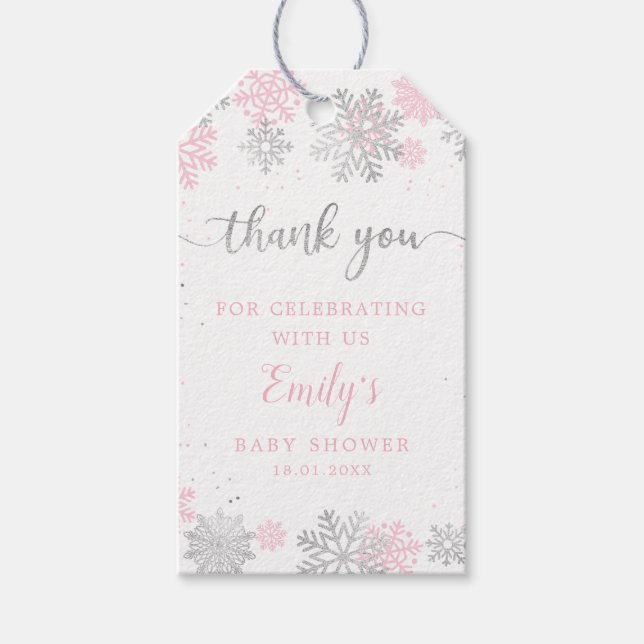 Vinter Snöflingor Rosa och Silver Baby Shower Presentetikett (Framsidan)