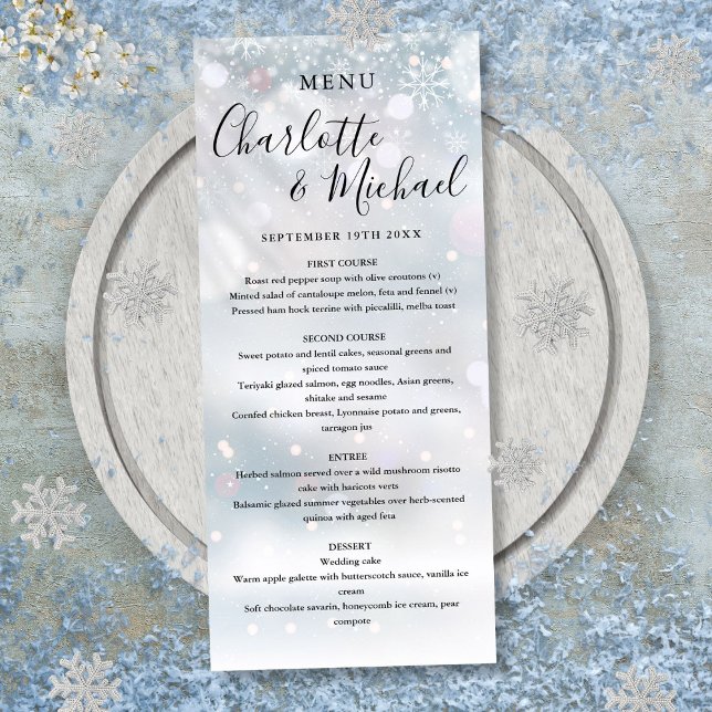 Vinter Snöflingor Signatur Skrift Bröllopsmeny Meny (Winter Snowflakes Signature Script Wedding Menu)