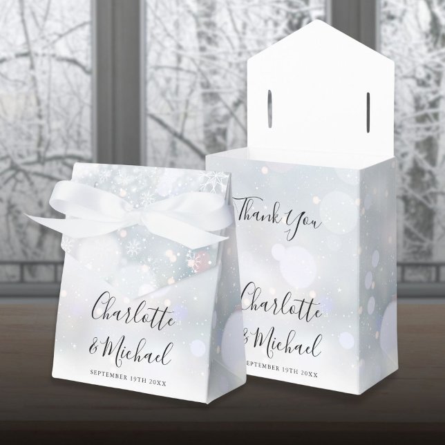 Vinter Snöflingor Signatur Skript Bröllop Presentaskar (Winter Snowflakes Signature Script Wedding Favor Boxes)