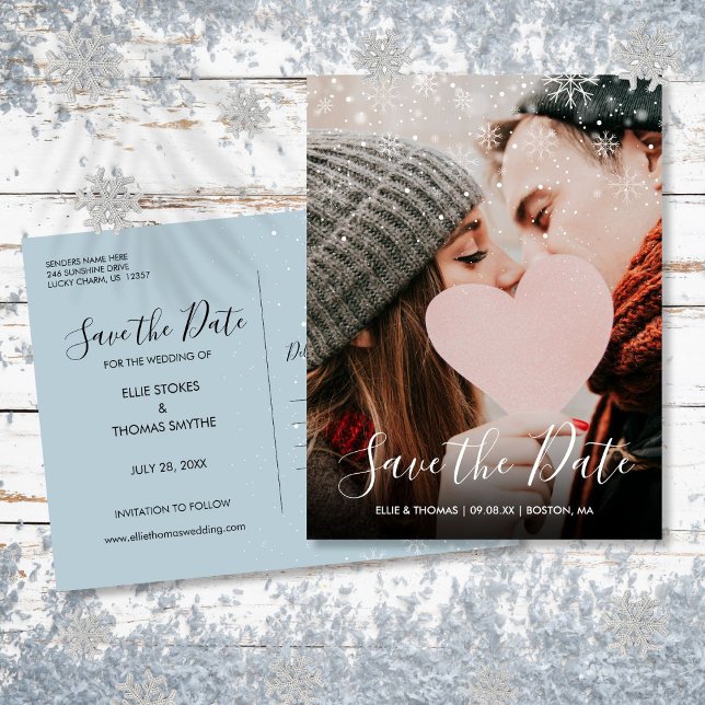 Vinter Snöflingor Skript Foto Spara Datum Meddelande Vykort (Winter Snowflakes Script Photo Save the Date Announcement Postcard)