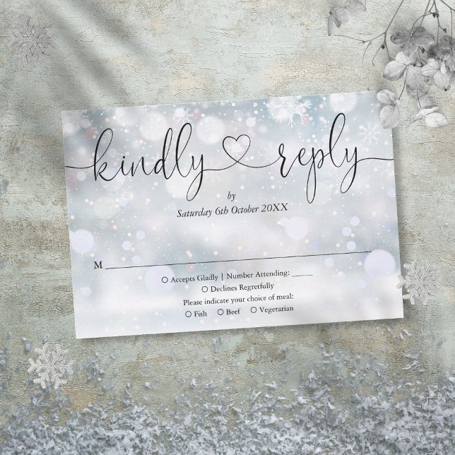 Vinter Snöflingor Skript Hjärta Vänlig Svar (Winter Snowflakes Script Heart Kindly Reply RSVP Card)