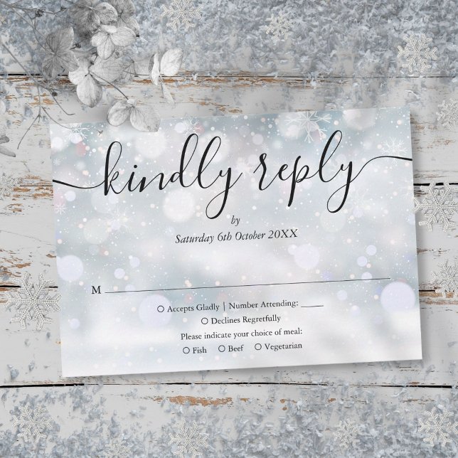 Vinter Snöflingor Skript Vänligen Svara OSA Kort (Winter Snowflakes Script Kindly Reply RSVP Card)