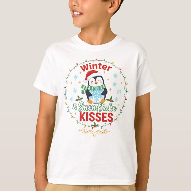 Vinter & snöflingskysar Pingvin Barn T Shirt (Framsida)