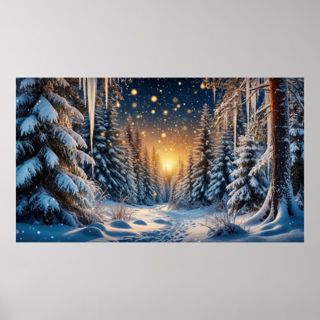 Vinter Snöig Skog ❄️ Gyllen Ljus ✨ Festlig Mysig Poster (Framsidan)