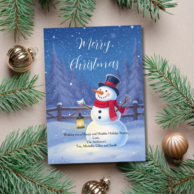 Vinter Snöig Snöman Högtid Julkort (Snowy Winter Scene with Snowman Christmas Holiday Card. Printed or Digital Download)