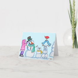 Vinter - Snöman, Snökatt, Snöhund och flicka Helgkort