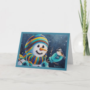 Vinter Snömannen Fodrar Chickadee Fågel Akvarell K Kort