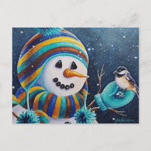 Vinter Snömannen matar Chickadee Fågel Akvarell Ko Vykort