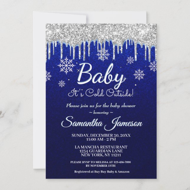 Vinter Snowflake Boy Blue Silver Baby Shower Inbjudningar (Framsida)