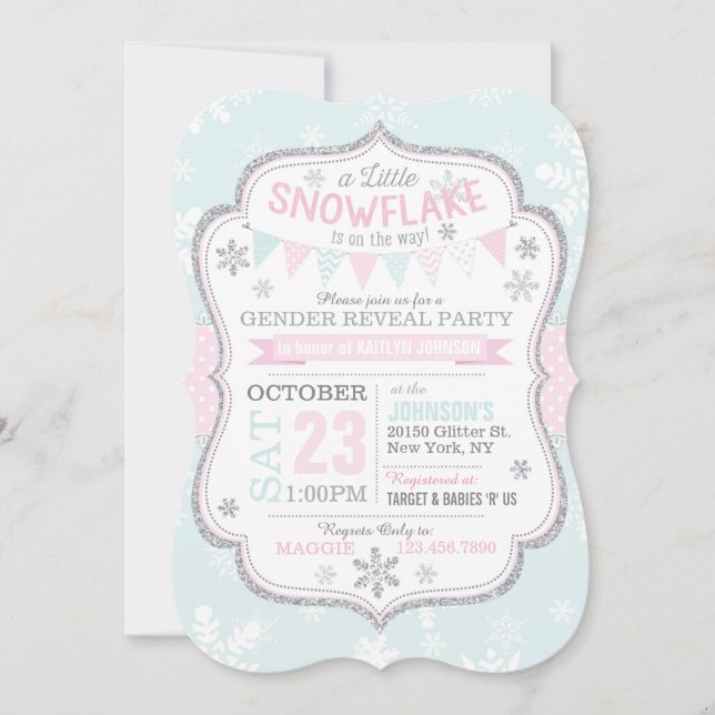 Vinter Snowflake Glitter Gender Reveal Inbjudningar (Framsida)