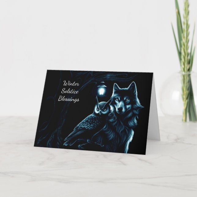 Vinter Solstånd Blessing Jul med Uggla och Varg Kort (Framsida)