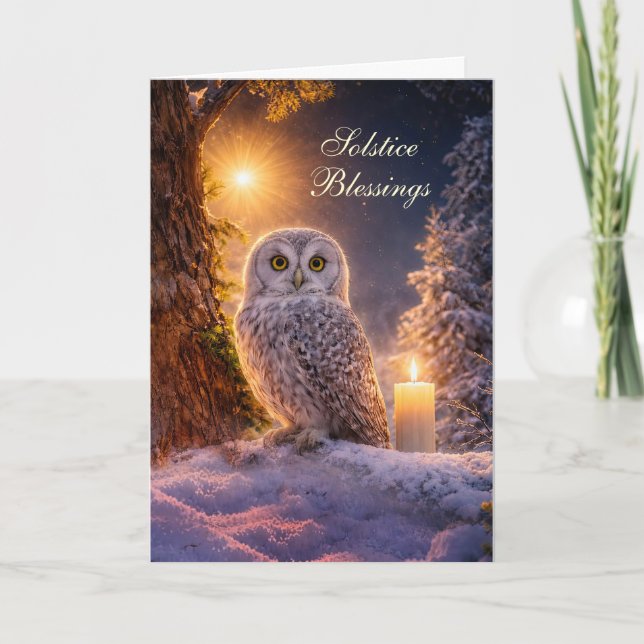 Vinter Solstånd Yule med Uggla Snö och Ljus Kort (Framsida)