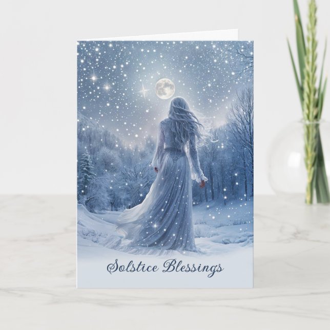 Vinter Solstånd Yule Snö och Mån Stjärnor Välsigne Kort (Framsida)