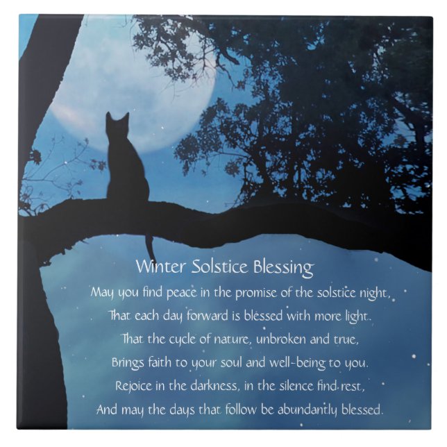 Vinter Solstice Cute Cat i Träd och Måne Dikt Cer Kakelplatta (Framsidan)