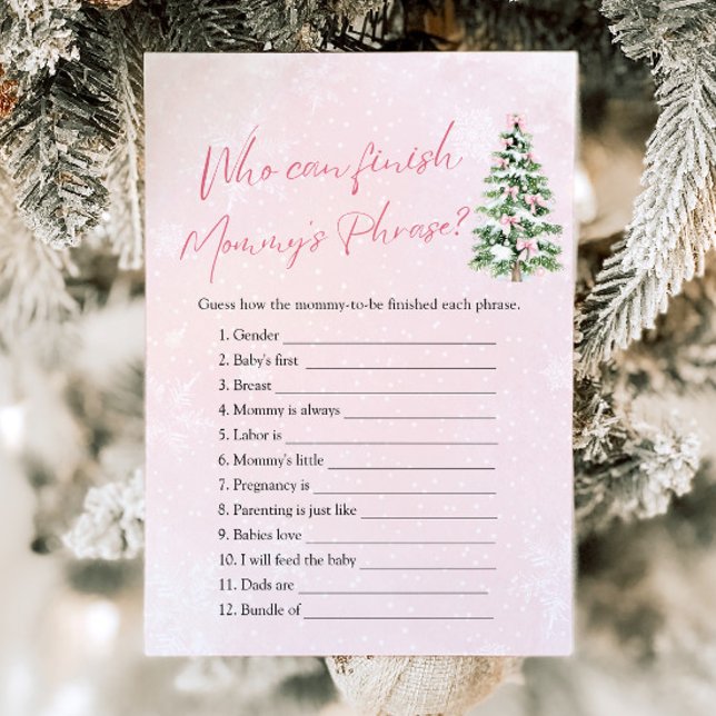 Vinter som kan Avsluta Mamma Phrase Baby Shower Inbjudningar (Pink Bow Christmas Who Can Finish Mommy's Phrase Baby Shower Game)