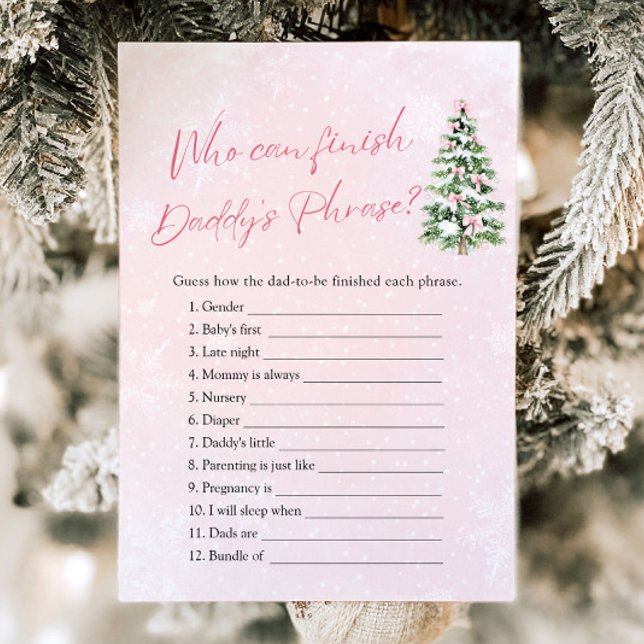 Vinter som kan Avsluta pappas fras Baby Shower Inbjudningar (Pink Bows Christmas Who Can Finish Daddy 's Phrase Baby Shower Games)