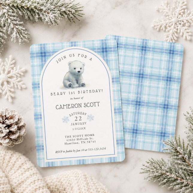 Vinter Söt Isbjörn Beary 1-års Födelsedagsfest Inbjudningar (Winter Cute Polar Bear Beary 1st Birthday Party Invitation)