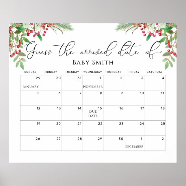 Vinter städsegrön gissa förfallodatum kalender poster (Framsidan)