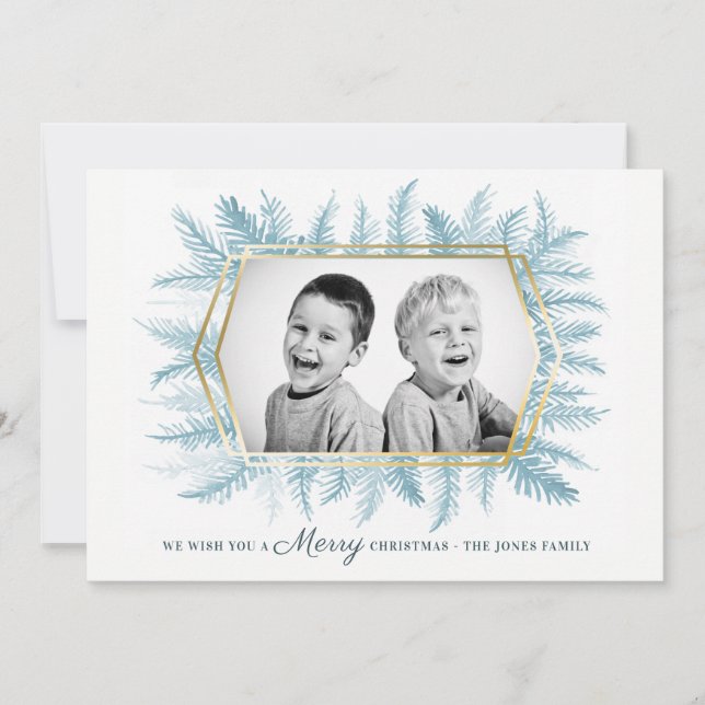 Vinter städsegrön lövverk akvarell blå julkort (Framsida)