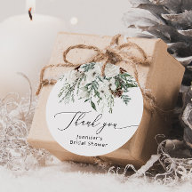 Vinter städsegrön tall bröllopsdusch favorit tagg
