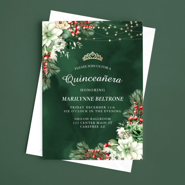 Vinter Ständigt Grönt och Bär Smaragd Quinceañera Inbjudningar (Skapare uppladdad)