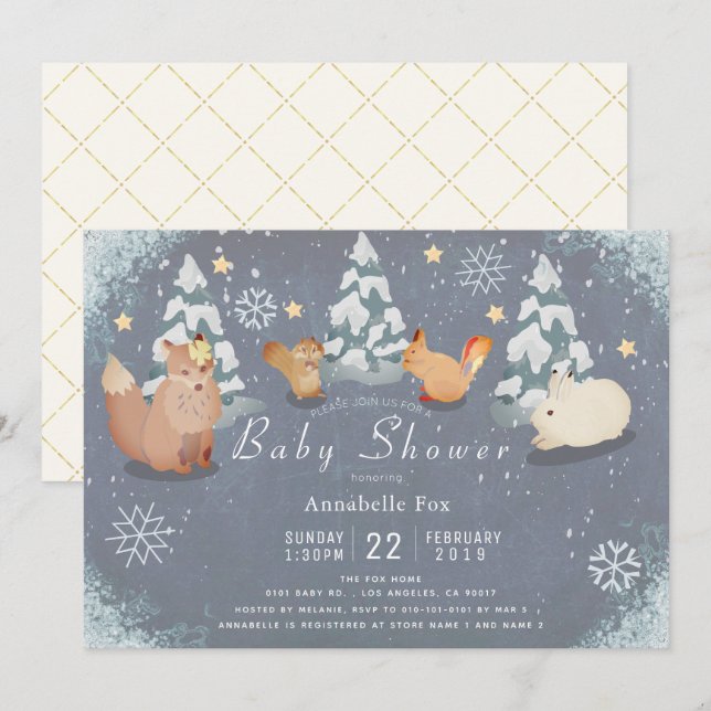 Vinter Starry Night Woodland Animals Baby Shower Inbjudningar (Fram/baksida)