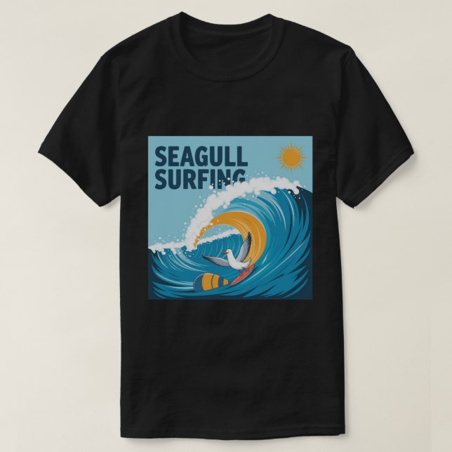 Vinter Surfande Måse, Måse Surfar T Shirt (Design framsida)