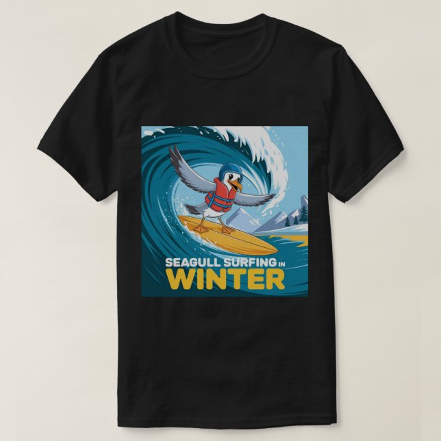 Vinter Surfande Måse, Måse Surfning, Måse  T Shirt (Design framsida)
