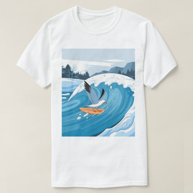 Vinter Surfande Måse, Måsfågel Surfning, Måse T Shirt (Design framsida)