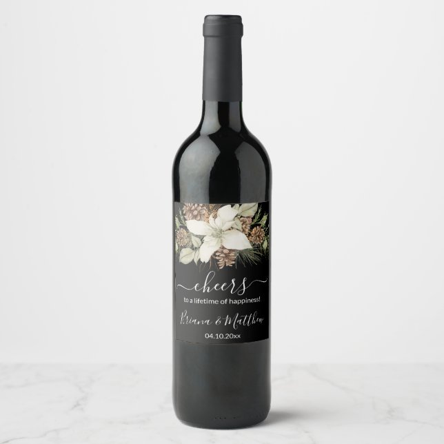 Vinter Svart och Vitt Elegant Skript Bröllop Vinflaska Etikett (Framsida)