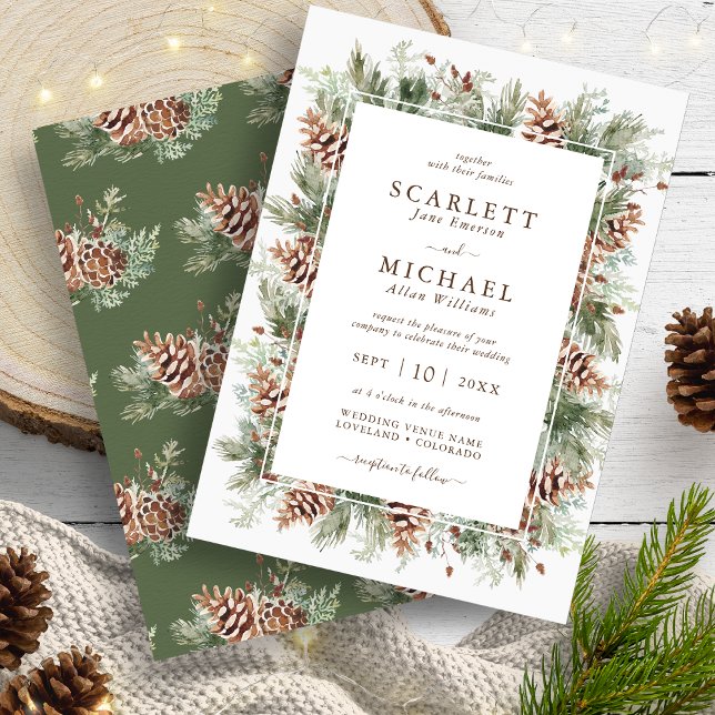 Vinter Tall Bröllopsinbjudan Inbjudningar (Winter Outdoors Watercolor Pine Greenery Wedding Invitation by Painted Paperie
)