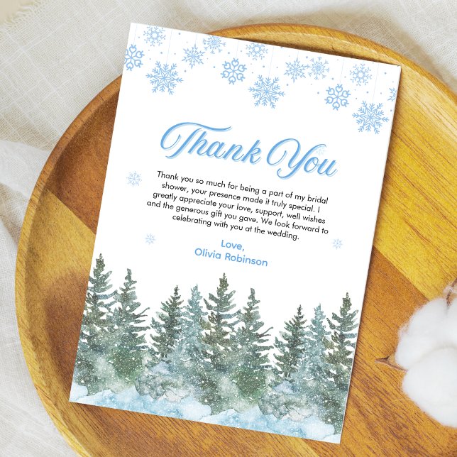 Vinter Tall Snö Förälskad Snöflingor Bröllopsdusch Tack Kort (Winter Pine Snow in Love Snowflakes Bridal Shower Thank You Card )