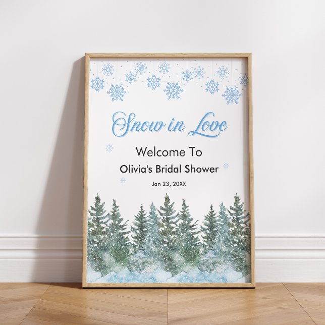 Vinter Tall Snö i Förälskade Snöflingor Bröllopsdu Poster (Winter Pine Snow in Love Snowflakes Bridal Shower Welcome Sign )