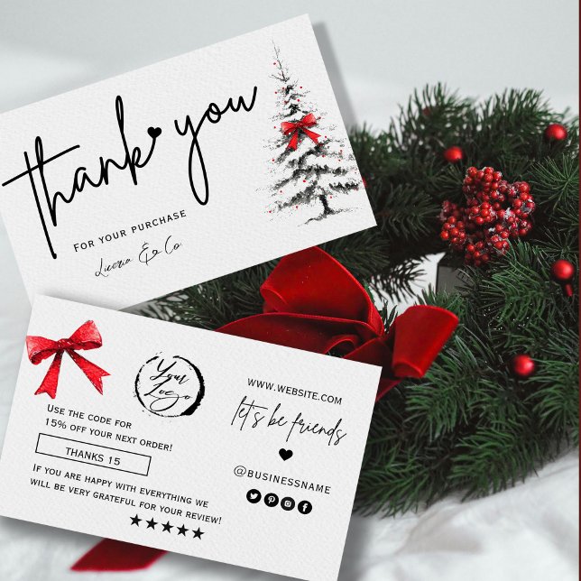 Vinter Tall Träck Kort Tack  (Winter Pine Tree Thank You Card #redbow #pinetreewithredbow #caligraphic #holidaycard #christmascard)