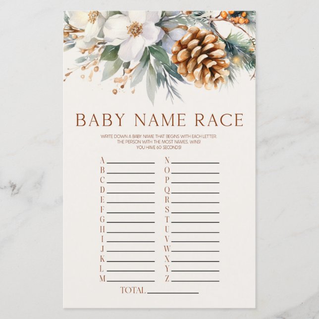 Vinter Tall Träd Blommig Namn Tävling Baby Shower  (Framsida)