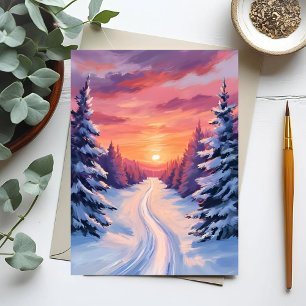 Vinter Tallandschap Solnedgång Pastell Akvarell Vykort