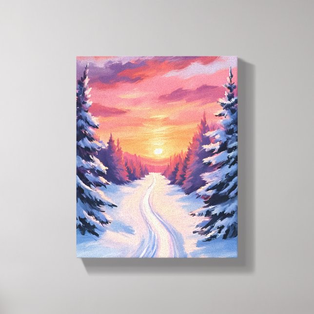 Vinter Tallandskap Solnedgång | Pastell Akvarell Canvastryck (Framsida)