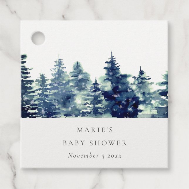 Vinter Tallskog Snöfall Akvarell Baby Shower Gåvor Etiketter (Framsida)