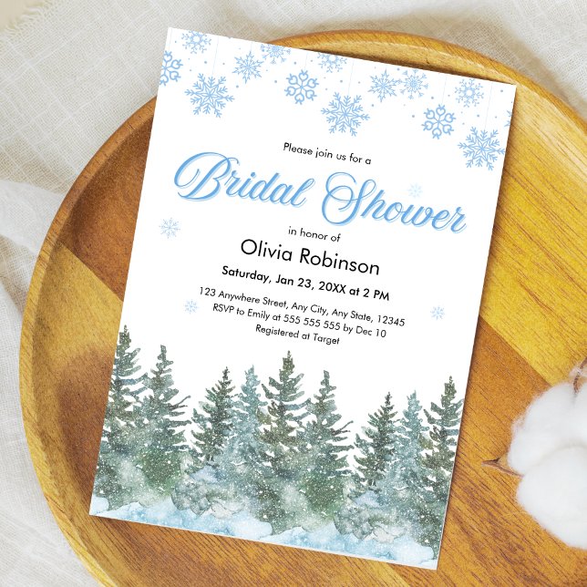 Vinter Tallträd Snöflingor Bröllopsdusch Inbjudningar (Winter Pine Trees Snow in Love Snowflakes Bridal Shower Invitation )