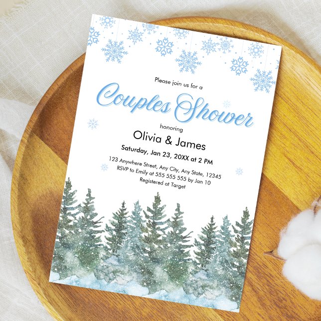 Vinter Tallträd Snöflingor Par Bröllopsdusch Inbjudningar (Winter Pine Trees Snowflakes Couples Bridal Shower Invitation )