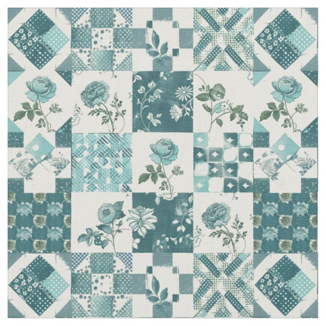 Vinter Tealblå Lappteknik Vintage Quilt Tyg (Närbild)