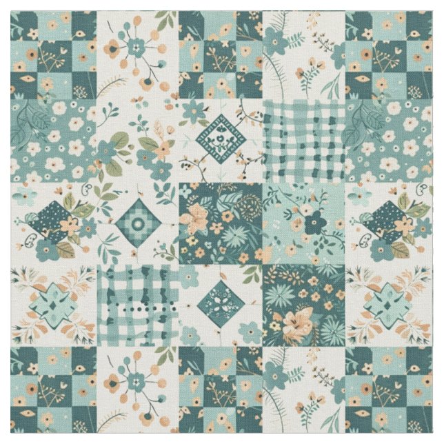 Vinter Tealblå Lappteknik Vintage Quilt Tyg (Närbild)