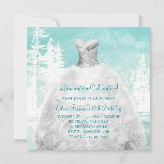 Vinter Turkos Blå Snöflingor Quinceanera Inbjudningar (Framsida)