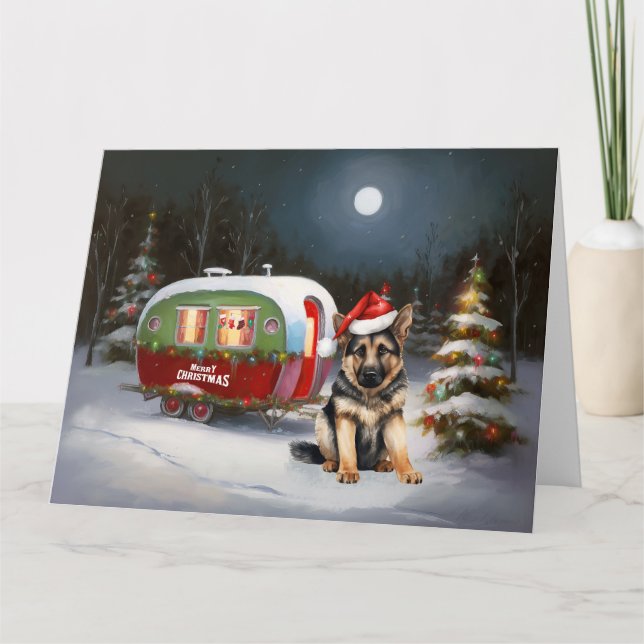 Vinter Tysk Shepherd Husvagn Juläventyr Kort (Framsida)