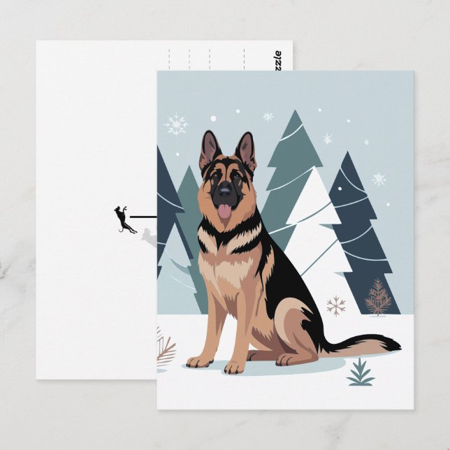 Vinter Tysk Shepherd  Vykort (Fram/baksida)