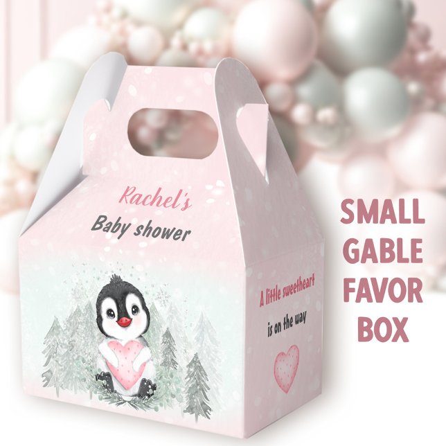 Vinter-Valentineser Penguin Girl Baby Shower Presentaskar (Penguin Girl Small Gable Favor Boxes - You can choose from 3 sizes of these gable favor boxes )