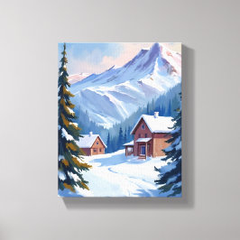 Vinter Vattenfärg Fjällstuga Landskap Canvastryck