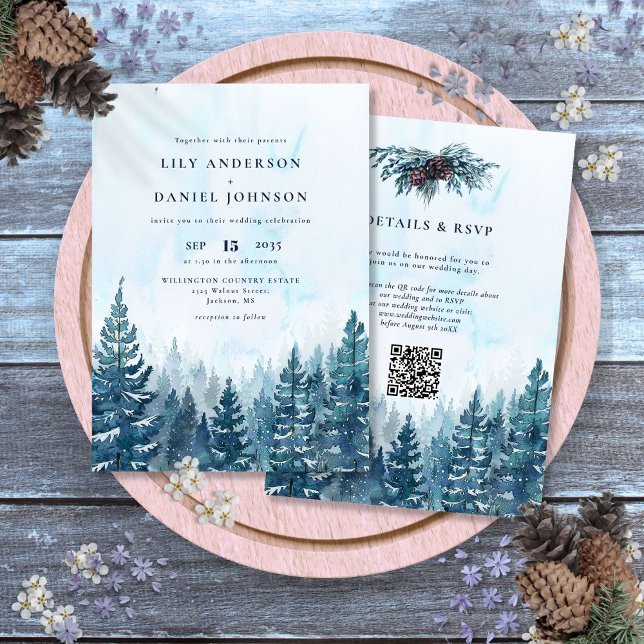 Vinter Vattenfärg Tall Skog QR-kod Bröllop Inbjudningar (Winter Watercolor Pine Tree Forest QR Code Wedding Invitation)
