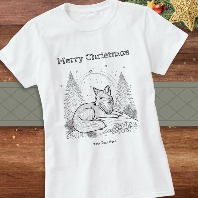Vinter vilda djur Räf Linje Konst Bild Jul T Shirt (A festive t-shirt with line art picture of a fox in winter snow and Merry Christmas greeting above)